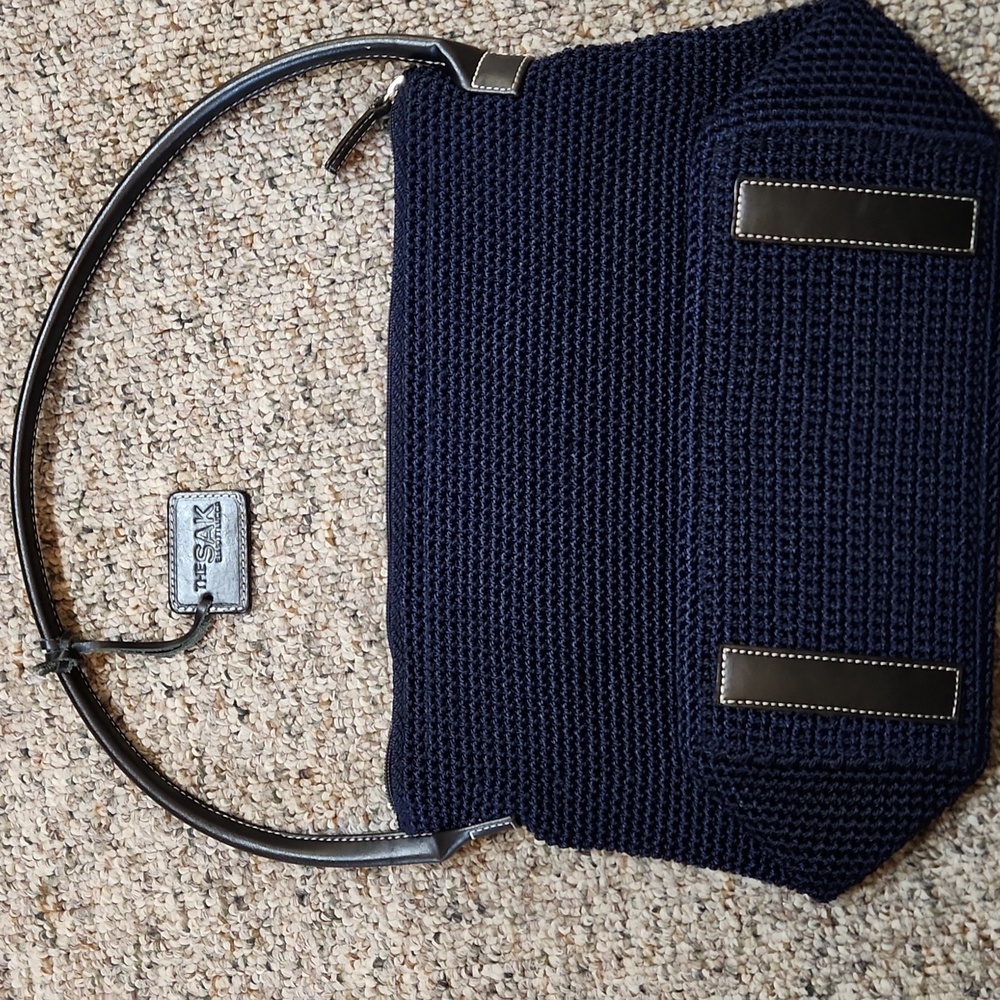 The Sak Elliott Luca‎ Crochet Bag Double Leather Handles NWOT Navy Blue